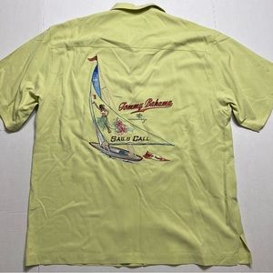 Tommy Bahama Shirt Mens Large Green Embroidered Camp Button Up Silk